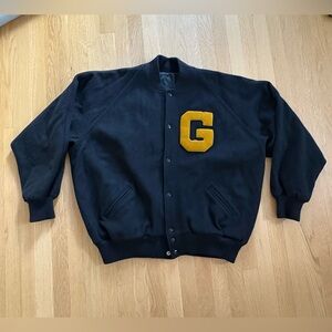 Vintage Wool Letter Jacket Blk w Gold Chenille Letter TM Athletics/Men 54 (3XL)